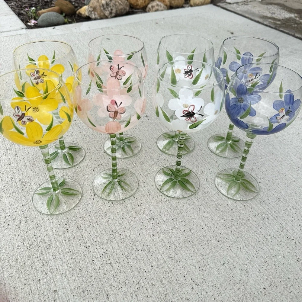 Vintage Hand Painted Wine Glass Floral Pansies Daisy 1970s Retro Kitchen Lot 8